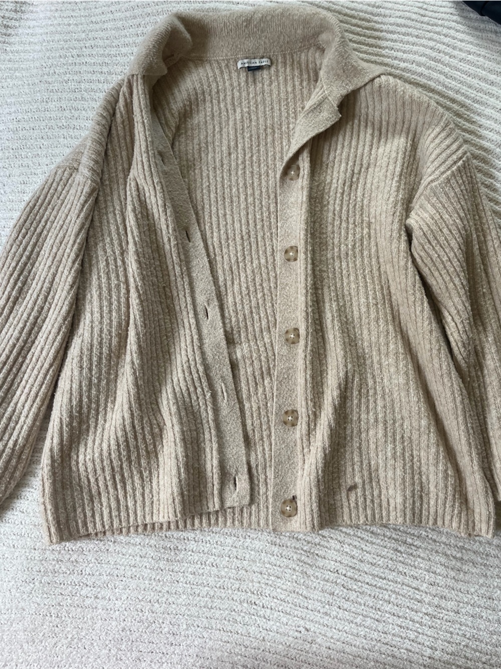 American Eagle Outfitters Ribbed Button-Front Cardigan - Beige